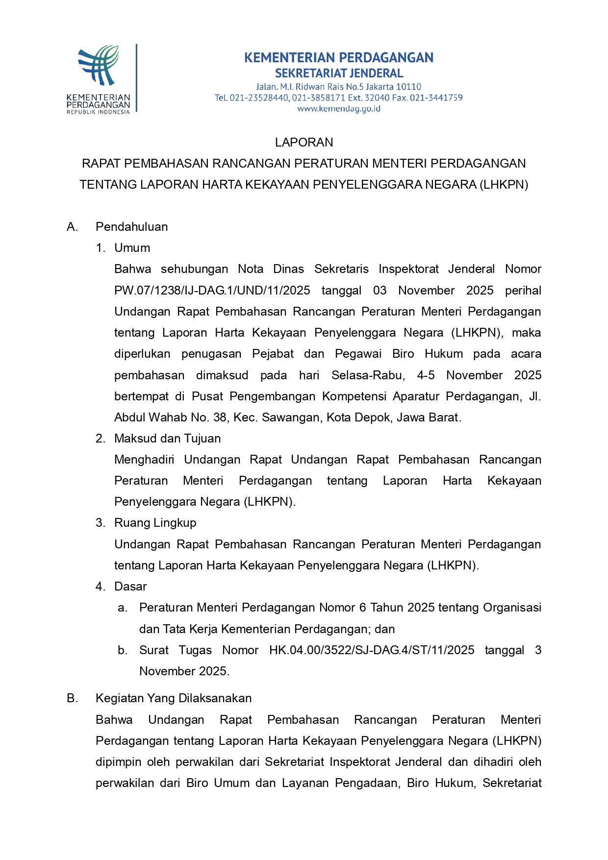 Laporan Rapat Pembahasan Rancangan Peraturan Menteri Perdagangan tentang Laporan Harta Kekayaan Penyelenggara Negara (LHKPN)