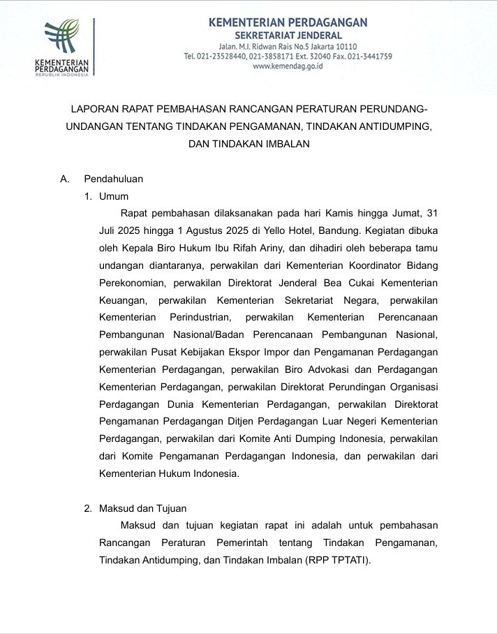 Laporan Rapat Pembahasan Rancangan Peraturan Perundang-undangan tentang Tindakan Pengamanan, Tindakan Antidumping, dan Tindakan Imbalan