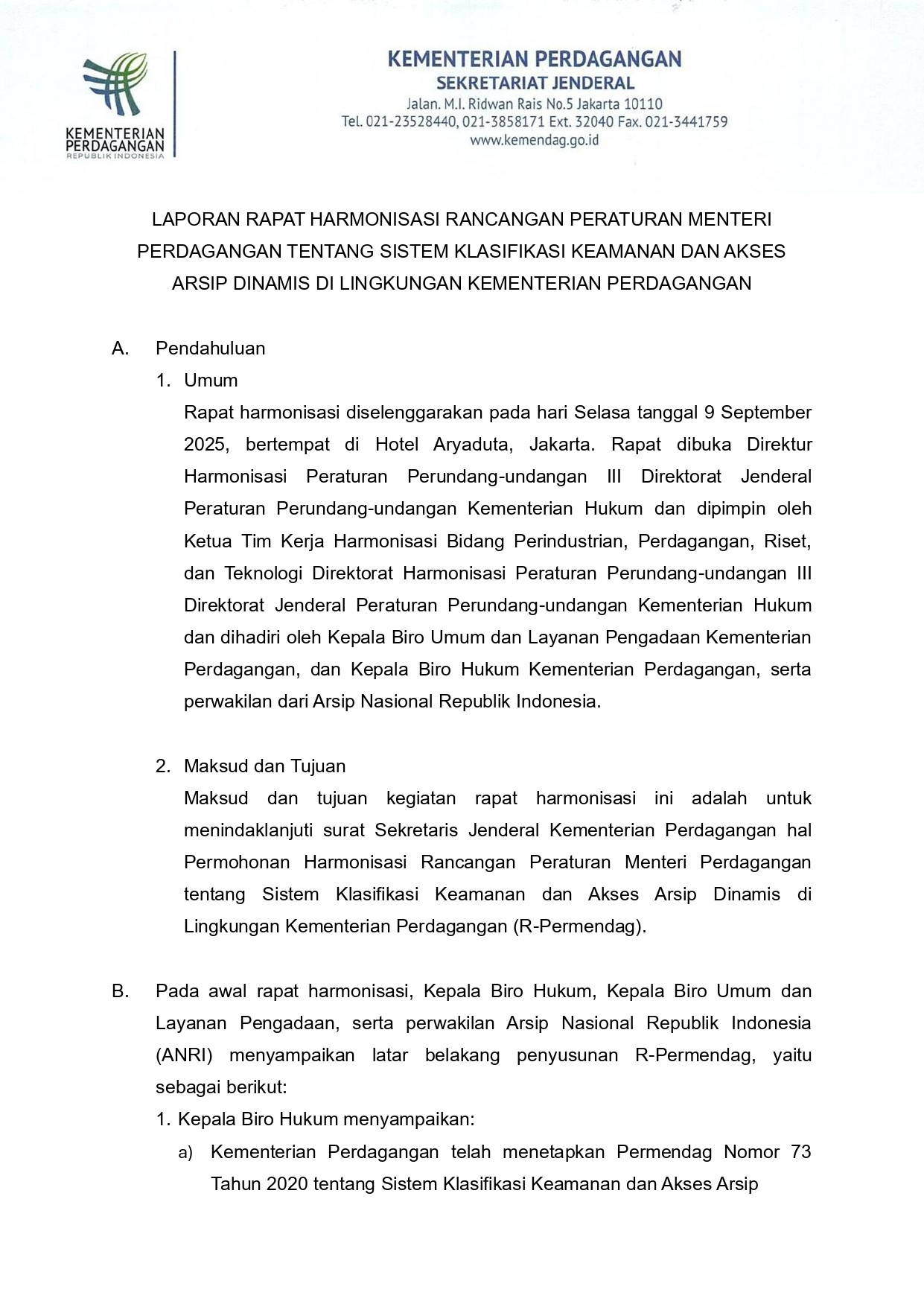 Hasil Analisa Dampak/Kajian Kebijakan (Regulatory Impact Analysis (RIA) Tentang Rencana Strategis Kementerian Perdagangan