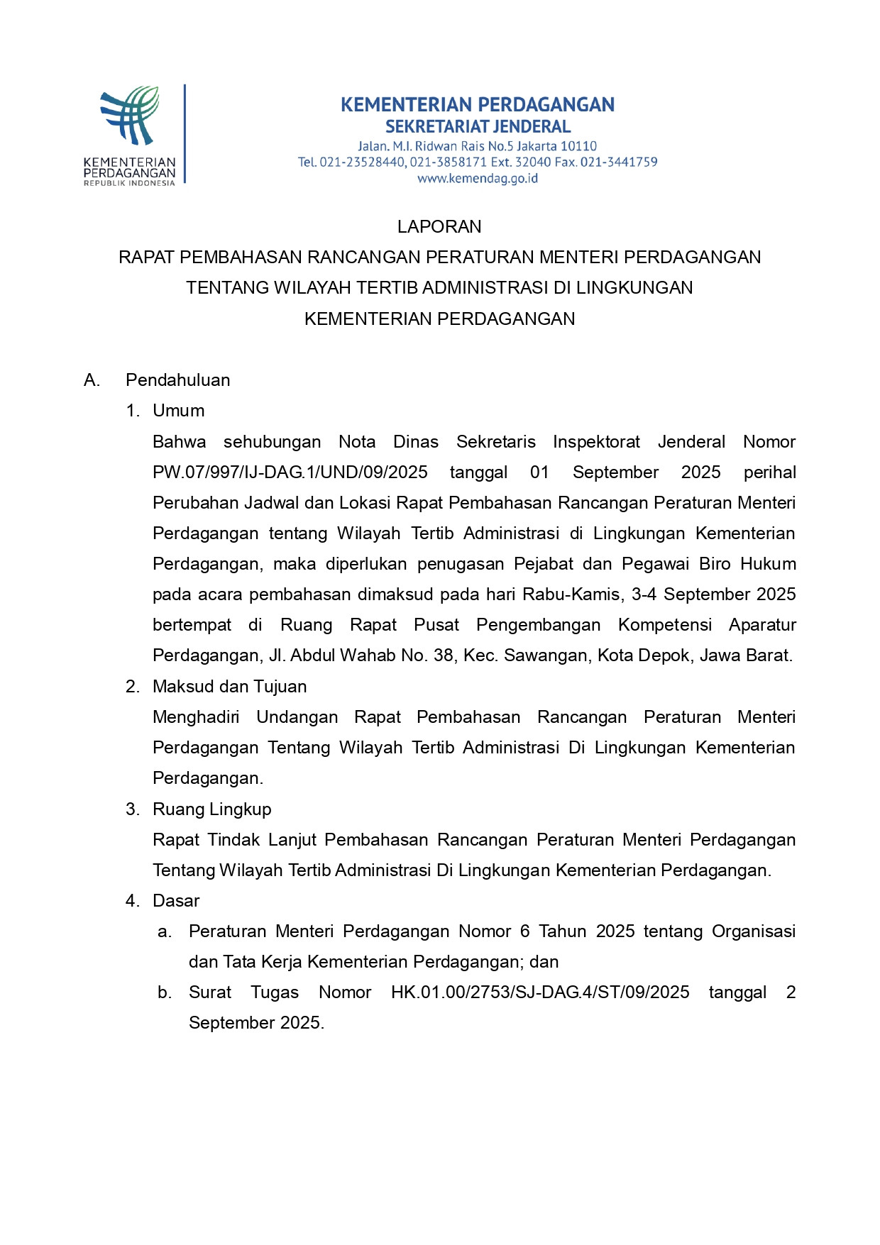 Laporan Rapat Pembahasan Rancangan Peraturan Menteri Perdagangan tentang Wilayah Tertib Administrasi di Lingkungan Kementerian Perdagangan